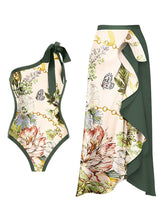 Load image into Gallery viewer, Green Retro Butterfly Print One Piece With Bathing Suit Wrap Skirt