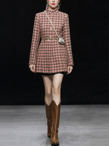Plaid Stand Collar Houndstooth Tweed 1940S Coat
