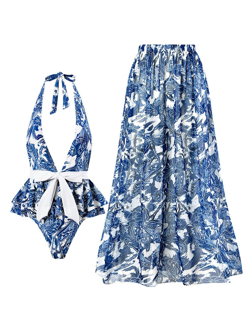 Blue Dragonfly Print V Neck One Piece With Bathing Suit