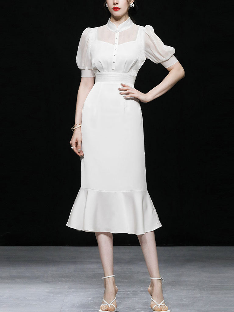 White Stand Collar Puff Sleeve Princess Mermaid Organza Dress, White / Xs