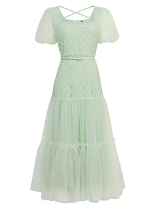 Green Vintage Style Square Neck Puff Sleeve Tulle Party Dress