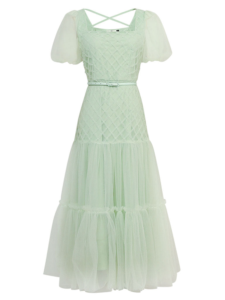 Green Vintage Style Square Neck Puff Sleeve Tulle Party Dress