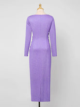 Load image into Gallery viewer, Electric Violet Crew Collar Long Sleeve Sequins Pleated Knitted Sweater Dress
