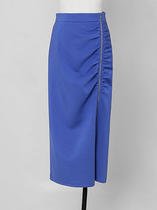 2PS Royal Blue Casual Crew Neck Loose Short Sweater And Smocked Bodycon Skirt Suit