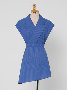 2PS Blue Vertical Striped Lapel Sleeveless Slim Top High Waist Asymmetric Short Skirt Set