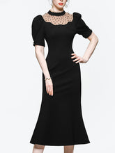 Load image into Gallery viewer, Semi-Sheer Polka Dots Puff Sleeve Little Black Fishtail Dress Vintage Style
