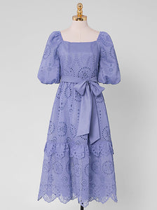 Embroidered Square Collar Puff Sleeve Vintage Dress Boho Dress