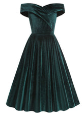 Load image into Gallery viewer, Christmas Green Off Shoulder Velvet 1950S Vintage Swing Dress