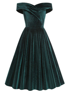 Christmas Green Off Shoulder Velvet 1950S Vintage Swing Dress