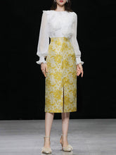 Load image into Gallery viewer, 2PS White Lace Long Sleeve Top And Yellow Floral Print Skirt Dress Suit
