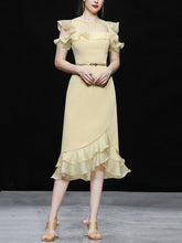 Load image into Gallery viewer, Yellow Organza Semi-Sheer  Ruffled Hem Vintage Dress With Belt