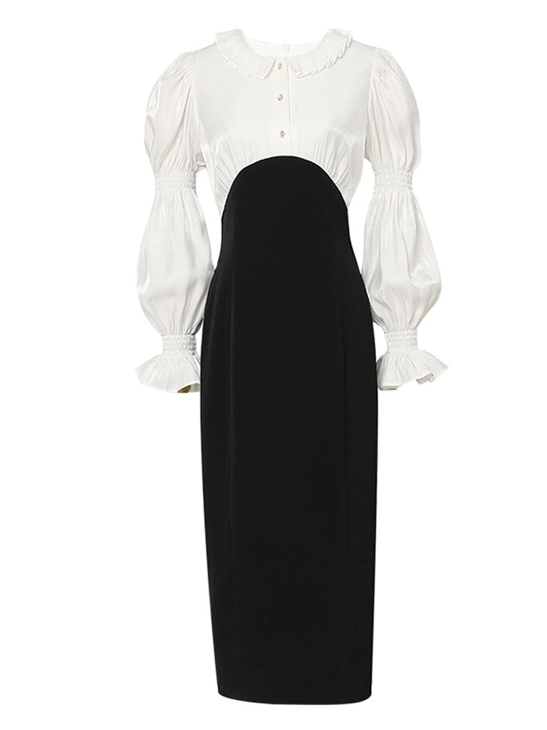 White Peter Pan Collar Long Sleeve Fake Two Piece Little Black Dress, White / L