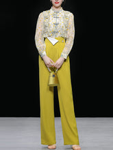 Load image into Gallery viewer, 2PS Yellow Ruffles Collar Floral Print Shirt And Pant Suit