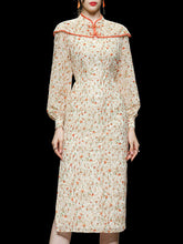 Load image into Gallery viewer, Orange Floral Print Long Sleeve Fishtail Cheongsam Dress