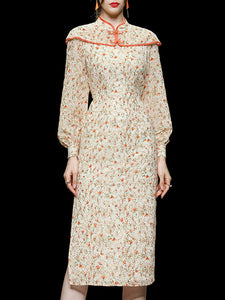Orange Floral Print Long Sleeve Fishtail Cheongsam Dress