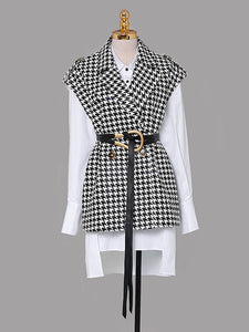 2PS Houndstooth Pattern Vest And White Low High Shirt Coat Suit