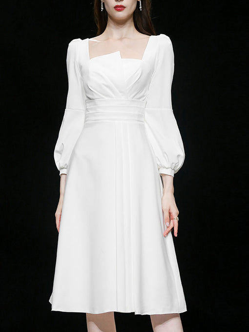 White Square Collar Long Sleeve Party Dress