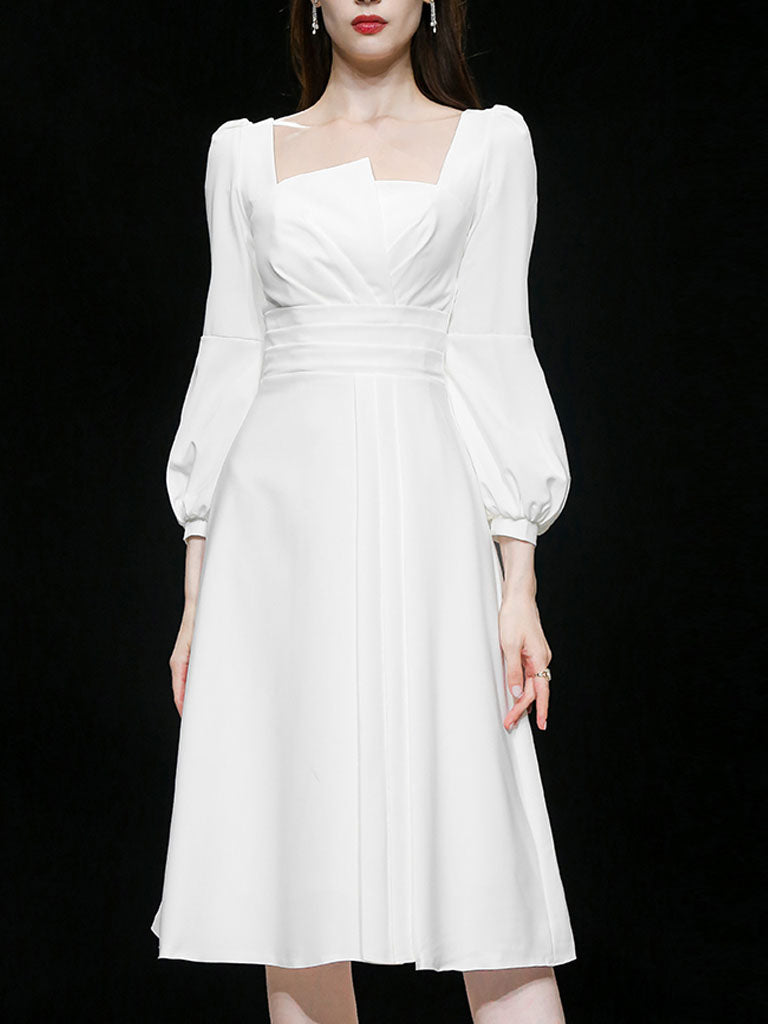 White Square Collar Long Sleeve Party Dress