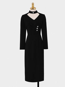 Black V Neck Long Sleeve Sexy Split 1940S Dress
