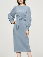 Load image into Gallery viewer, Baby Blue Pearl Inlaid Diamante Flower Long Sleeve Corduroy 1940S Dress