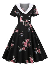 Load image into Gallery viewer, Floral Print Sailor Collar Diagonal Collar 1950S Vintage Swing Dress