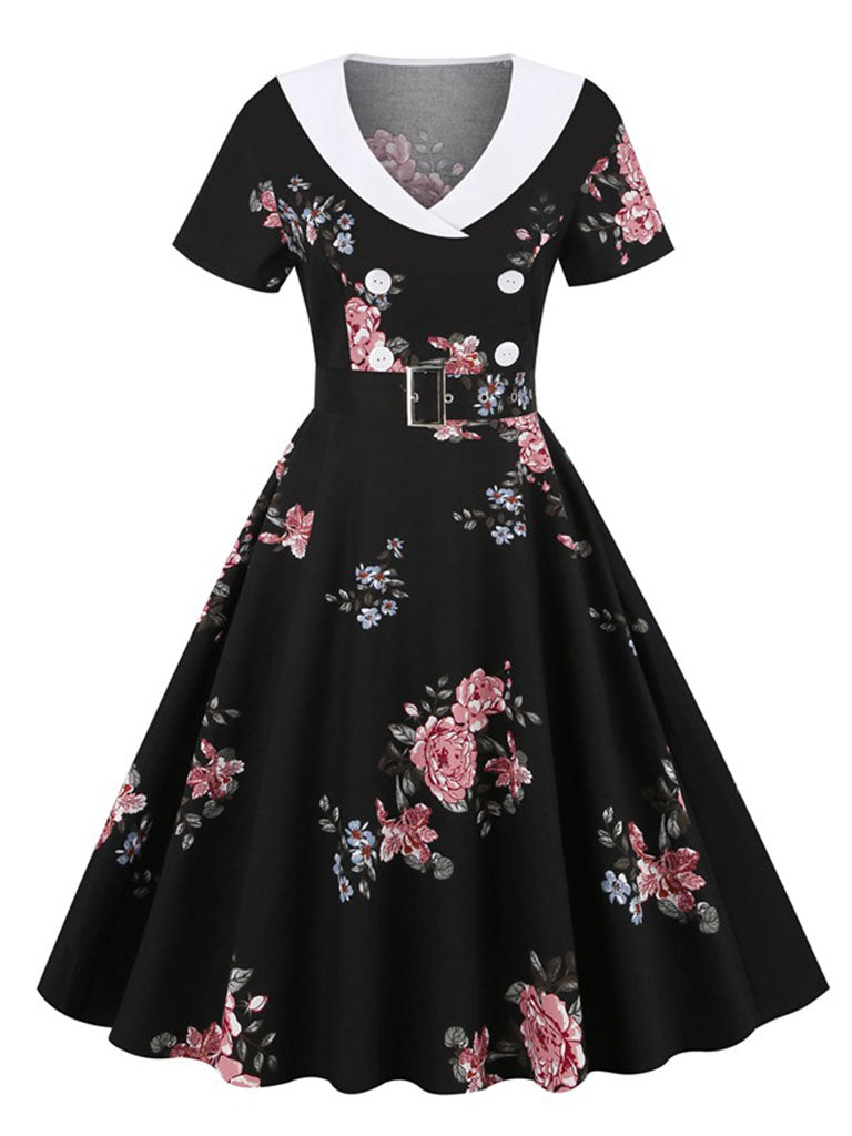 Floral Print Sailor Collar Diagonal Collar 1950S Vintage Swing Dress