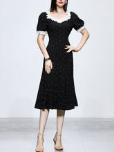 Load image into Gallery viewer, White Lace Square Neck Puff Sleeve Vintage Pearl Hepburn Style Midi Black Dress