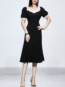 White Lace Square Neck Puff Sleeve Vintage Pearl Hepburn Style Midi Black Dress