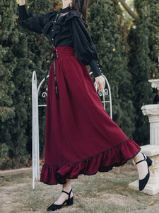 Black Lace Petal Blouse With Crimson Ruffled Skirt Set Edwardain Vinatge Dress Set