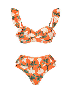 Orange Retro Floral Print Bikini With Bathing Suit Wrap Skirt