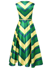 Load image into Gallery viewer, Yellow And Green V Neck Stripes 1950S Hepburn Style Outfits Vintage Swing Dress