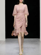 Load image into Gallery viewer, 3 Color Crew Neck Lantern Sleeve Ruffle Embroidered Beaded Fishtail Vintage Dress