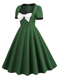 Green Big Bow Square Collar 1950S Vintage Dress