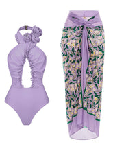 Load image into Gallery viewer, Purple Handmade Flower Halter Ruffles One Piece With Bathing Suit Wrap Skirt