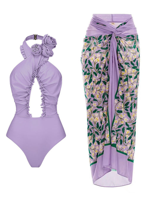 Purple Handmade Flower Halter Ruffles One Piece With Bathing Suit Wrap Skirt