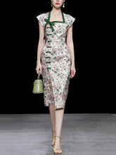 Load image into Gallery viewer, Green Rose Square Collar Split Cheongsam Dress