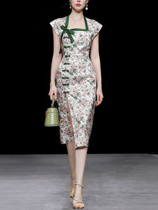Green Rose Square Collar Split Cheongsam Dress