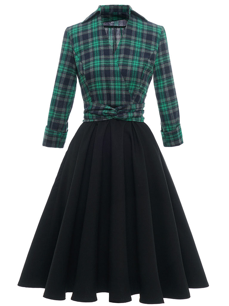 Green Plaid 3/4 Sleeve Fake Two Piece Style 1950S Vintage Dress