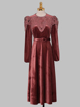 Load image into Gallery viewer, Red Crew Neck Velvet Puff Sleeve 1950S Vintage Dress With Belt