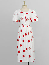 Load image into Gallery viewer, White Crew Neck Printed Red Apple Swing 1950S Dress