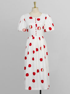 White Crew Neck Printed Red Apple Swing 1950S Dress