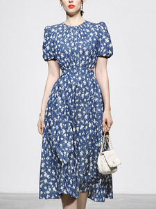 Lake Blue Floral Print Waist Cut Out Puff Sleeve Summer 1950S Dress