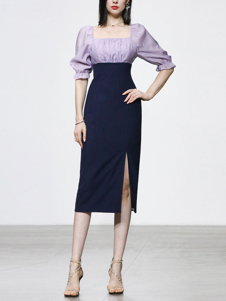 1940s purple dress Purple 1940s Ditsy Floral Short Sleeves Fitted Midi Dress
