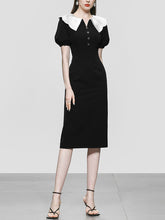 Load image into Gallery viewer, White Big Collar Puff Sleeve Little Black Dress Vintage Style The Queen&#39;s Gambit Similar Style 1960S Dress