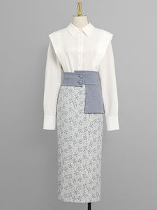 2PS White Vertical Stripes 1950S Vintage Classic Top And Blue Floral Print High Waist Skirt Suit With Belt