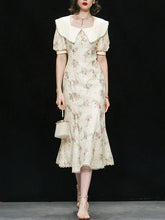 Load image into Gallery viewer, White Floral Print Puff Sleeve Vintage Mermaid 1940S Fish Tail Vintage Lace Dress