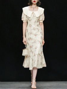 White Floral Print Puff Sleeve Vintage Mermaid 1940S Fish Tail Vintage Lace Dress