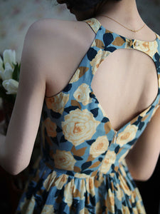 1950S Hepburn Style Outfits Blue And Yellow Floral Print Back Hollow Heart Swing Dress