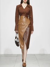 Load image into Gallery viewer, 2PS Brown 1950S Vintage V Neck Classic Top And Brown Irregular Pu Skirt Suit