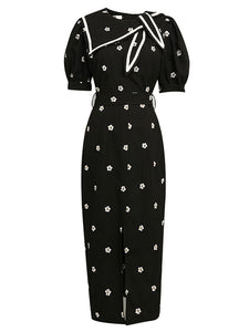 Black Embroiderd Flowers Puff Sleeve 1940S Split Vintage Dress
